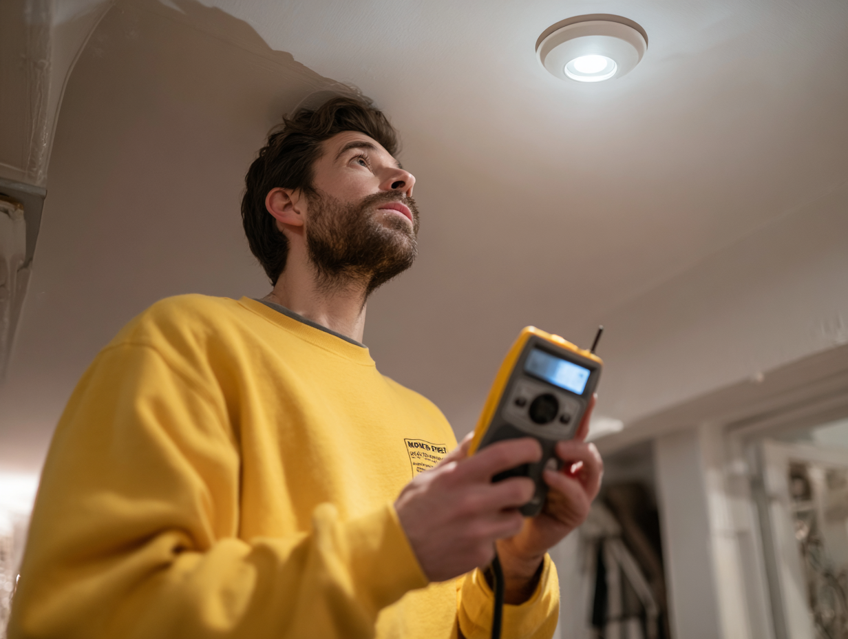 Acoustic technician measuring ceiling noise levels with a sound meter in a NYC apartment